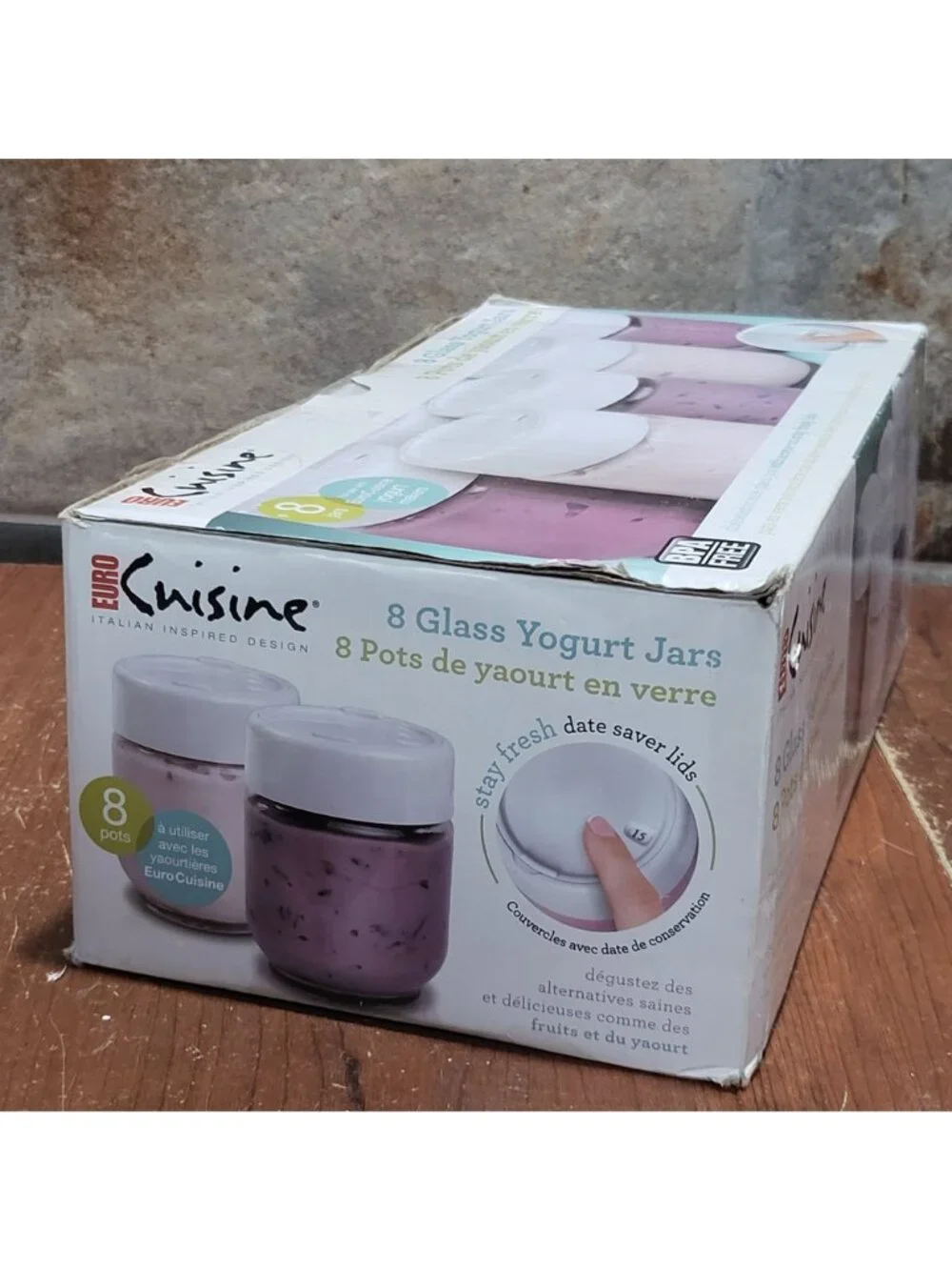 Euro Cuisine Set 8 Glass Yogurt Jars 6 Oz Date Setting Lids